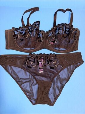 Adore Me Brown Floral Mesh Bra & Panty Set